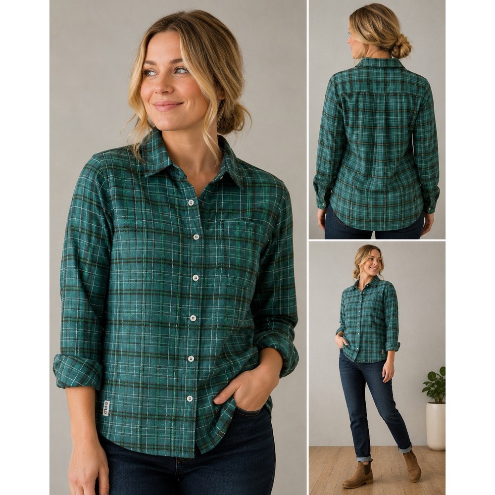 Stio Cotton Plaid Flannel Button Front Shirt Green Outdoor Hiking Small